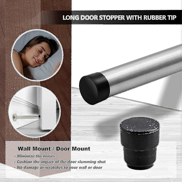 Dørstopper, 15 cm lang dørstopper, veggmontert, kraftig solid svart dørstopper børstet rustfritt stål med myk gummiknott - Perfekt Silver 6 Inch*2