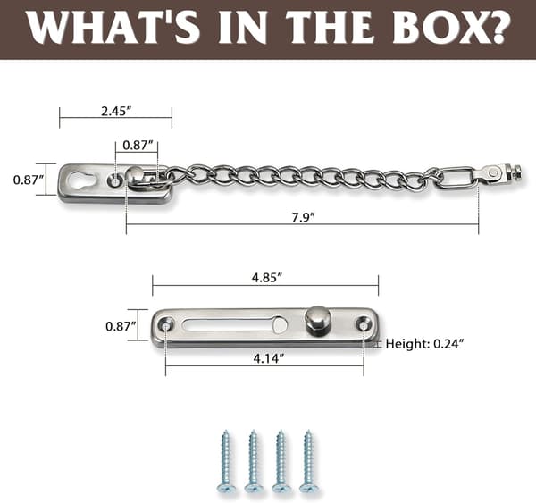 Door Chain Latch, Door Chains with Security Spring, Anti-Theft Push Lock for Inside and Extra Front Door, Brushed Nickel