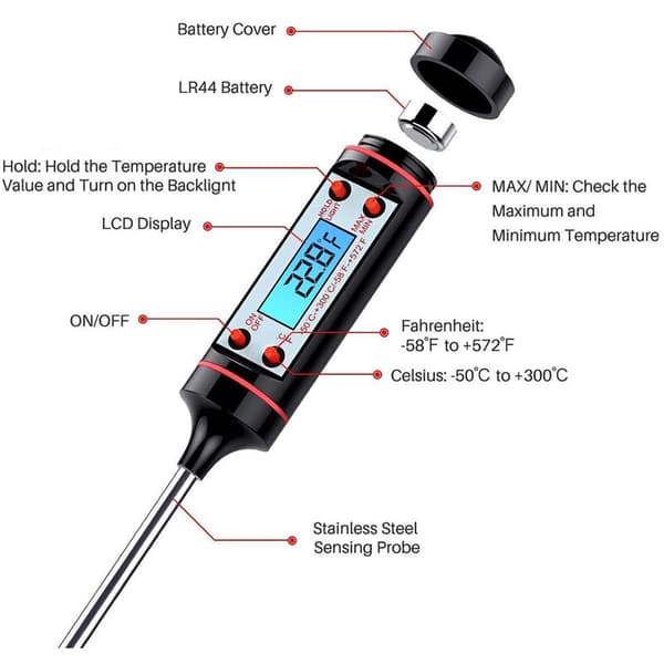 Køkkentermometer grill bagetemperatur måling elektronisk madnål termometer display BBQ termometer, sort
