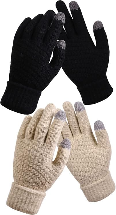 2 par dam vinter touch screen handskar varma fleecefodrade stickade handskar elastisk manschett vinter sms handskar svart + beige