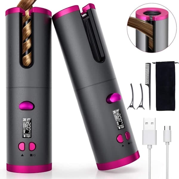 Cordless curling iron with 6 temperature settings, ceramic coating, LCD display, adjustable timer, automatic rotating hair curler