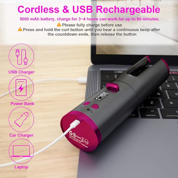 Cordless curling iron with 6 temperature settings, ceramic coating, LCD display, adjustable timer, automatic rotating hair curler