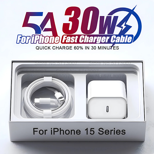 PD 30W Hurtiglader for Apple til iPhone 15 11 12 13 14 Pro Max XR X XS Max 8 Plus Telefonladerkabel Hurtiglading Tilbehør