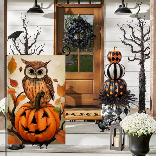 Halloween Ugle Græskar Haveflag 12x18 Vertikalt Dobbeltsidet Jute