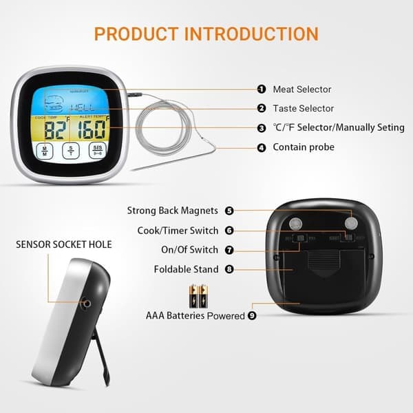 Digital Kitchen Thermometer with Touch Screen - Meat and BBQ Temperature Gauge with Probe and Blue LCD