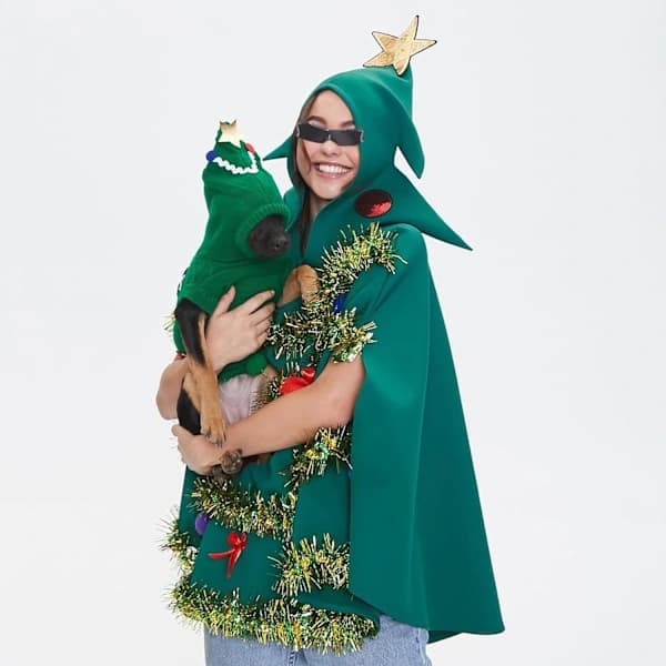 Juletre-poncho kostyme for kvinner med hette, sløyfe, kule og stjernedekor, skinnende striper, medium, grønn