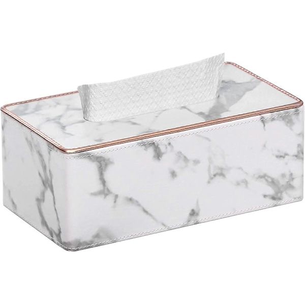 Rectangular PU Leather Tissue Box Facial Tissue Dispenser Box Holder for Vanity Bathroom Decor (White Marble Pattern)