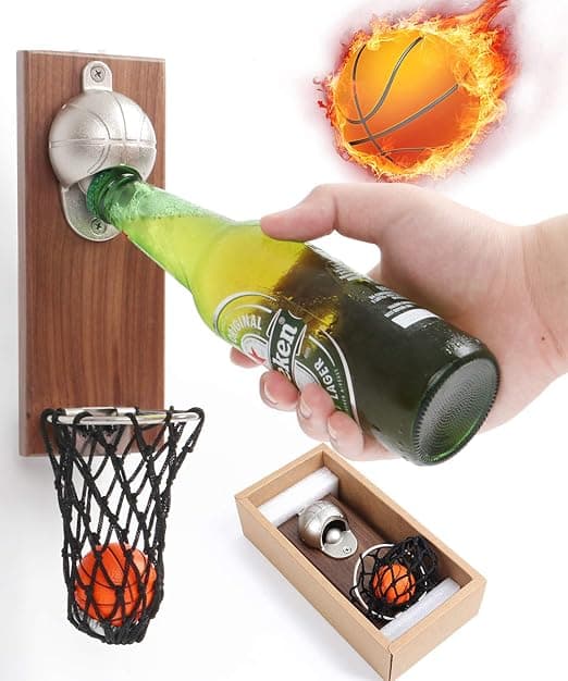 Väggmonterad Vintage Trä Kapsylöppnare med Basketboll Design
