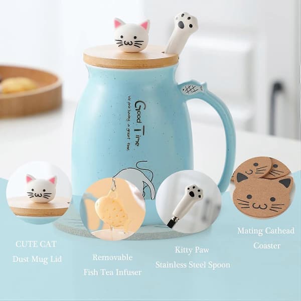 Katte-krus Keramisk Kaffekop med Katte-låg og Rustfri Stålsked 380ML Blå