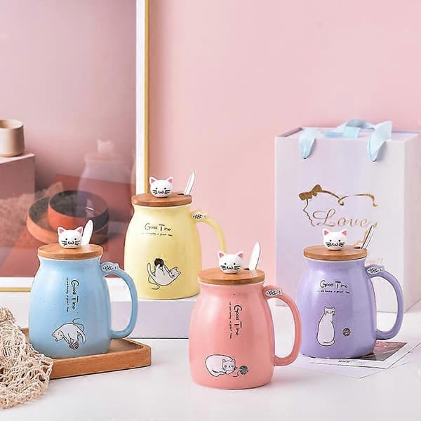 Kattmugg Keramisk Kaffemugg med Lock Sked Ljusblå