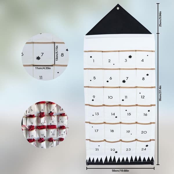 Christmas Calendar, 24 Compartment Reusable Fabric Wall Hanging, Black and White