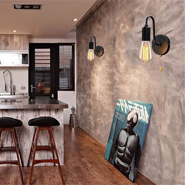Simple Wall Lamp with Pull Chain, Single Black Head Without Light Source
