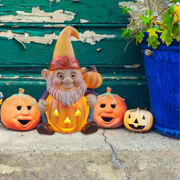 Halloween Gresskar Gnom - Lysende Resin Gamle Menn Figur - Gresskar Høst Statue - Borddekorasjon Halloween Gnom