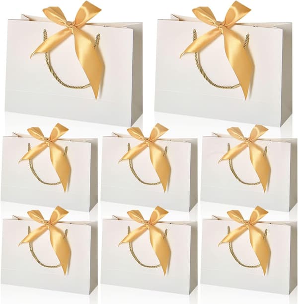 Papperspresentpåsar med Handtag och Rosett, 32x25x11 cm, 8-pack, Vita