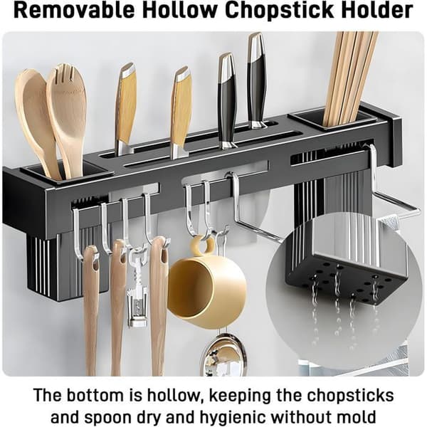 Kitchen Wall Shelf with 6 Removable Hooks and Towel Holder, Knife Holder, Self-Adhesive/Perforated, Knives and Utensils