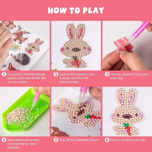 43-piece Diamond Painting Set for Kids - Complete DIY with Tools, Rhinestones, Canvas - Cute Animals