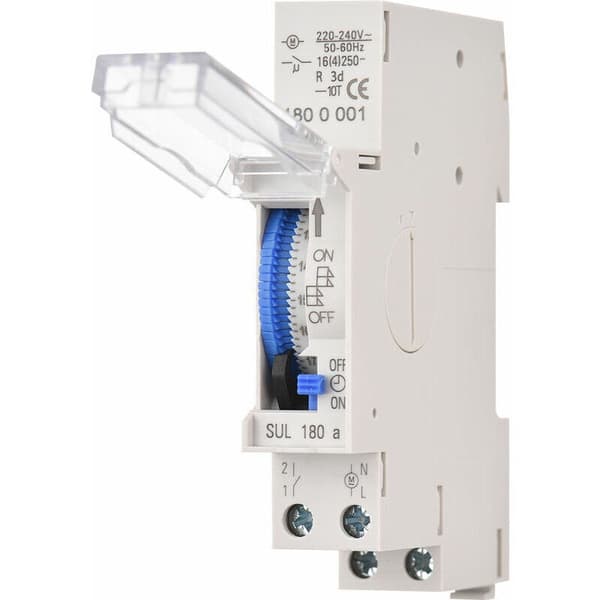 SUL180a Mekanisk 24-timmars timer, skenmontering, integrerat batteri, AC220-240V, grå