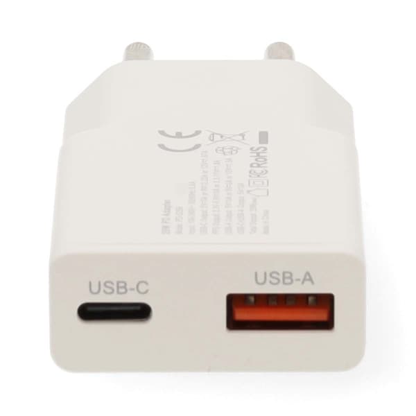 Dual Port GaN vægoplader, 20W PD & QC, USB-C/USB-A