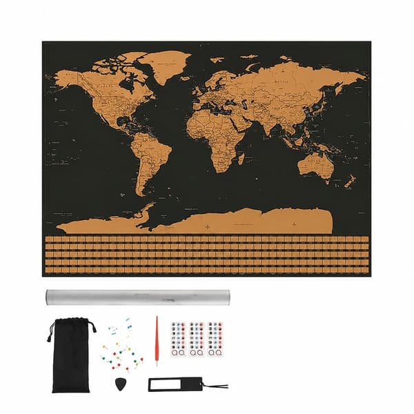Scratchable World Map 82x59 cm, Travel Poster with Accessories, Black Gold