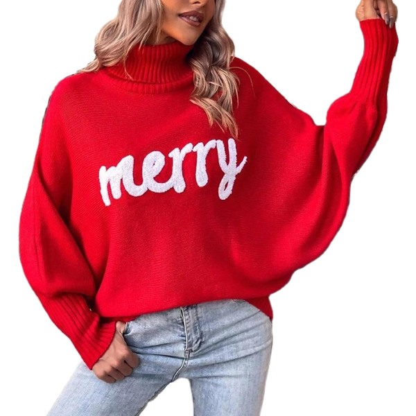 Dame Merry Sweaters Turtleneck Langermet Brevtrykk Løs strikket Pullover Merry Christmas Swea Medium Rose Red