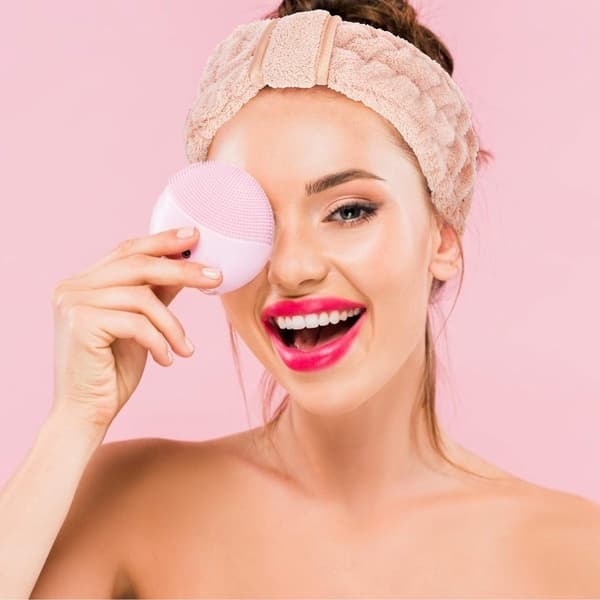 Korall fløyel Spa-pannebånd, elastisk ansiktssminkepannebånd, rosa og off-white, 1-delt sett