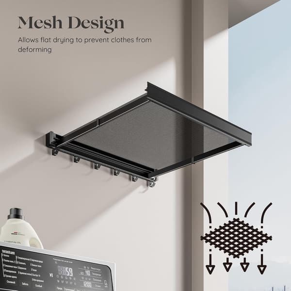 Wall-mounted clothes drying rack, foldable, 44 cm aluminum, with 6 towel hooks, black
