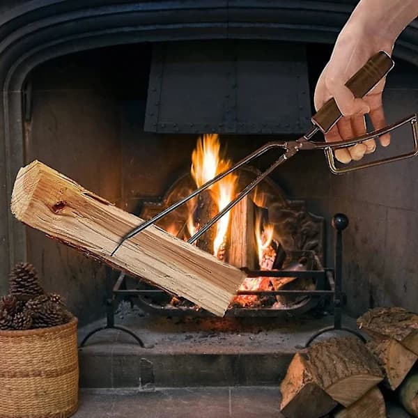 Brændetang Kraftig Rustfrit Stål Med Træhåndtag til Pejs, Bål, Grill 40 cm