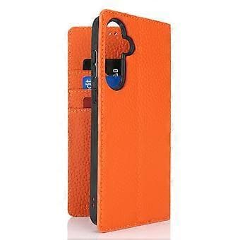Plånboksfodral i äkta koläder med Litchi-textur för Samsung Galaxy S25 - Orange Orange