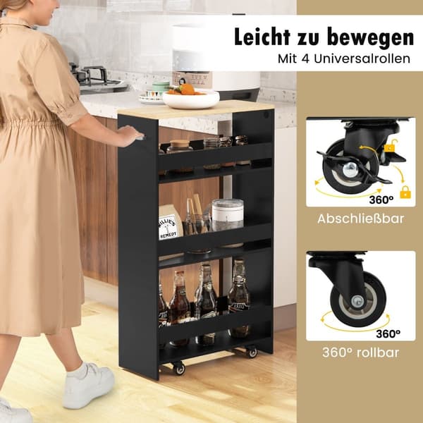 Kapea keittiövaunu, 4 tasoa, 20 cm leveä, musta, pyörillä