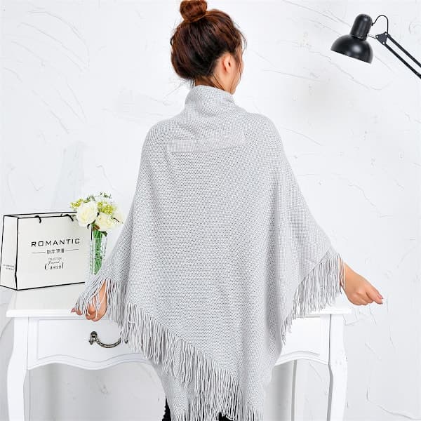 Elegant varm poncho sjal for dame (grå) åpen front med frynser