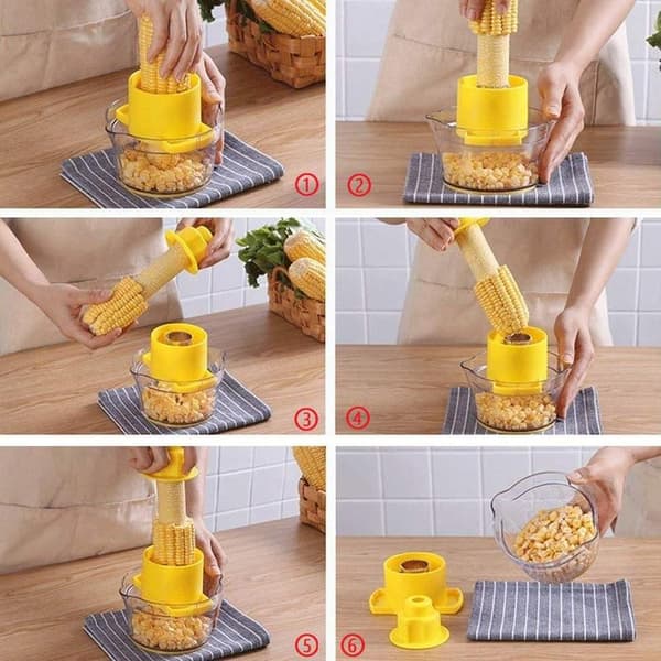 Maiskolbe-skreller med integrert blad i rustfritt stål og målebeger