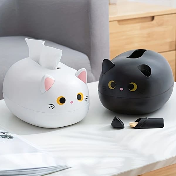 Cute Cat Tissue Box - Cartoon Cat Lid, Black & White Cute Tissue Holder, Home Decor & Multifunctional Container for Storage, Basket & Trash White 白色的 白色的
