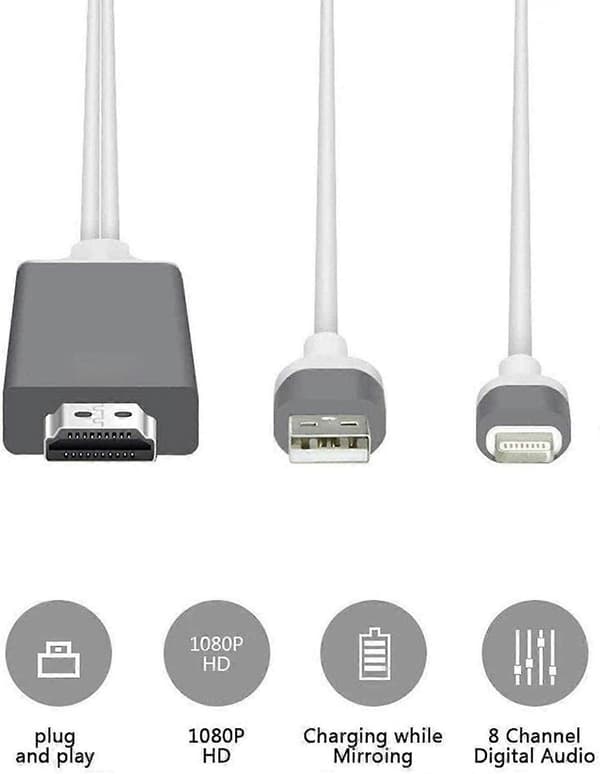[Apple-certificeret] Lightning til HDMI-adapterkabel, 1080P Digital AV Sync Audio & Video-forbindelseskabel til TV/projektor/skærm - 2m Hvid