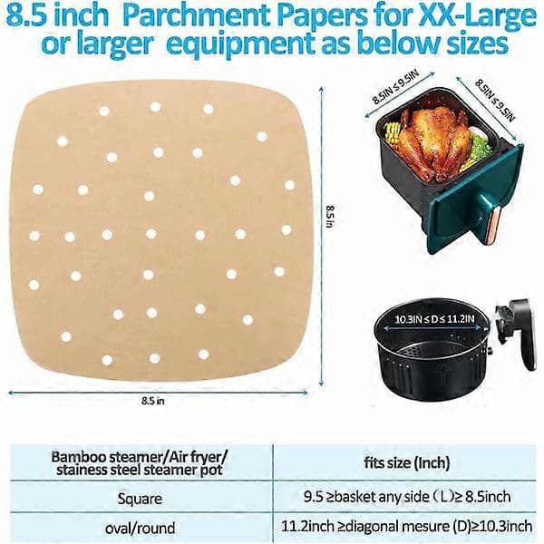 100 stk Firkantet perforeret bagepapir til Airfryer 21,5*21,5cm