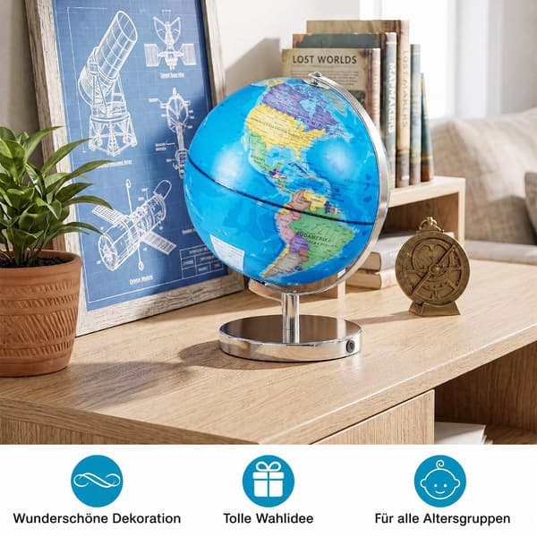 23 cm opplyst globus med metallbase og stjernebildekart