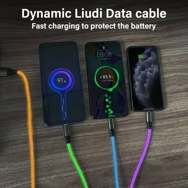 3-i-1 ladekabel 1,2 m med LED, USB-C, Micro USB og Lightning, hurtiglading for alle enheter