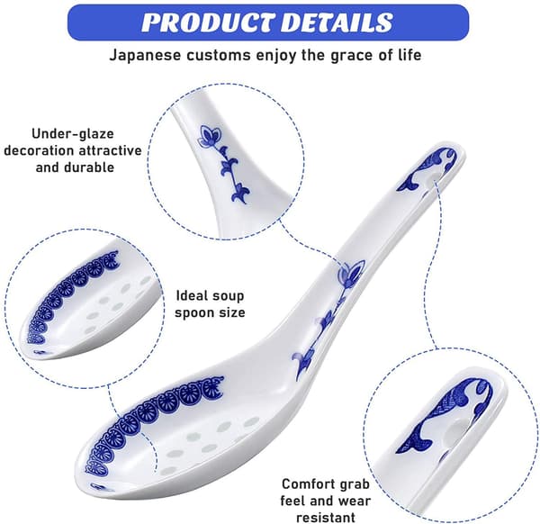 8 Pieces Chinese Style Ceramic Soup Spoons, Blue and White Porcelain Patterned Cutlery