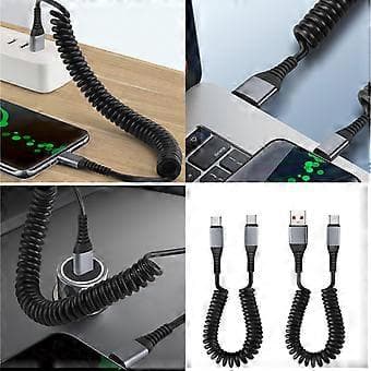 Uttrekkbar USB til USB-C spiralkabel hurtiglading dobbel type-C 0,9-1,2 m Double Type c