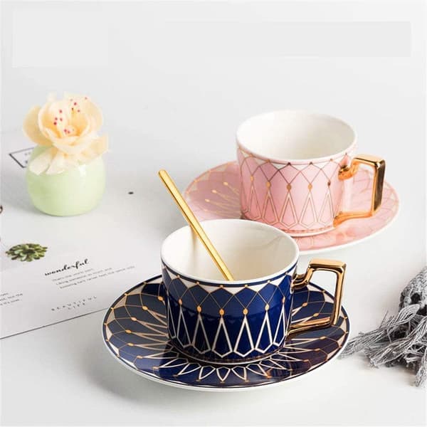 220 ml elegant keramiskt tekopp och fat set, kaffekopp för eftermiddagste - geometriskt mönster