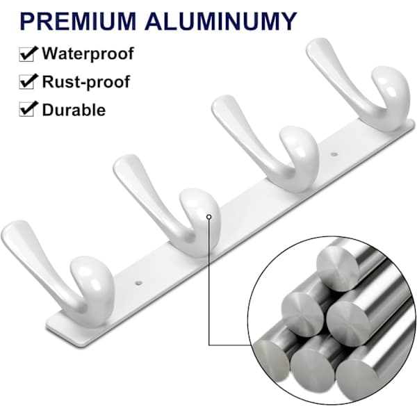 Väggmonterad klädkrok i solid aluminium - Kraftiga väggmonterade krokar för hattar, handdukar och morgonrockar - Vit White