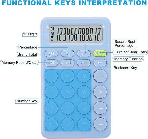 Cute Desktop Calculator, Small Desktop Calculator Battery Powered with 12-Digit Large LCD Display for Office Home, Blue