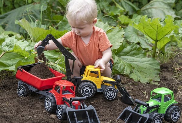 Rød traktor med frontlaster og tilhenger, 56 cm