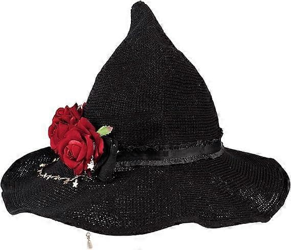 Sort Strikket Heksehat med Rose til Kvinder Bredskygget Spids Halloween Troldmandshat