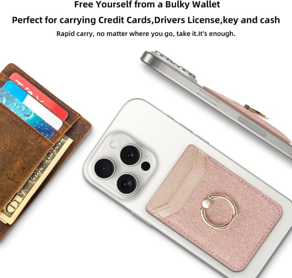 Bling-Rosa Kortfack för Mobiltelefon med Ring, RFID-skydd, Veganläder