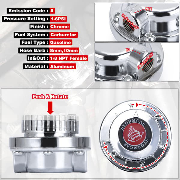 Manuell justerbar bränsletrycksregulator för förgasare 1-5 psi kromfinish