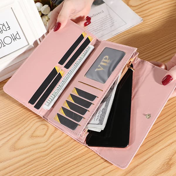 Dame lommebok lang veske krone multi clip lommebok rosa