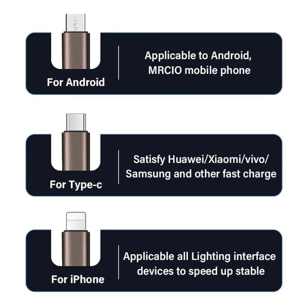 3-in-1-latauskaapeli 1,2 m LED-valolla, USB-C, Micro USB ja Lightning, pikalataus kaikille laitteille