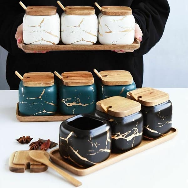 Stylish Ceramic & Bamboo Spice Jars - Organize Your Kitchen Svart black