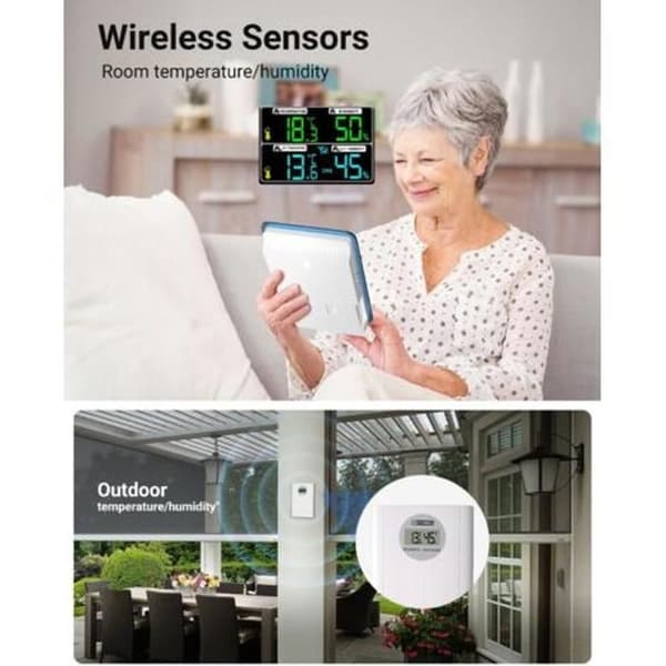 Wireless weather station for indoor and outdoor use with thermometer, hygrometer and barometer. 10 functions. LED sensor with backlit display.