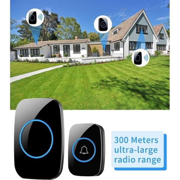 Vandtæt trådløst dørklokkesæt – 300m rækkevidde, 60 melodier, 5 lydstyrkeniveauer, LED-display – Sort